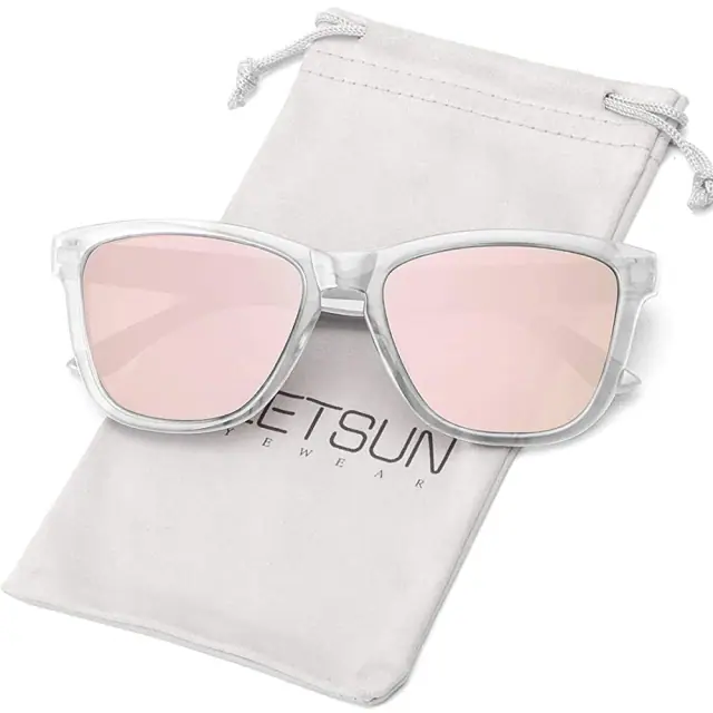Clear-frame sunglasses with pink lenses and a white MEETSUN pouch