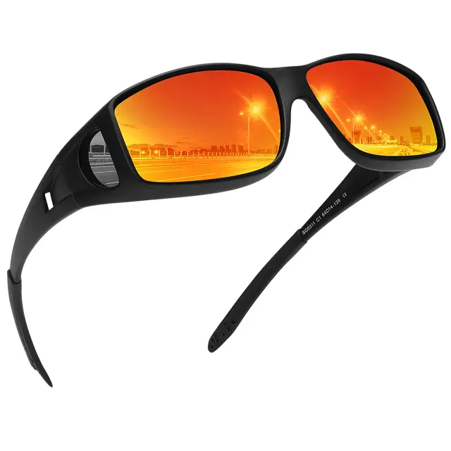 Black wraparound fit-over sunglasses with orange mirrored lenses