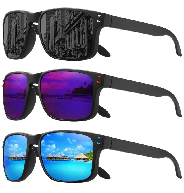 Sport sunglasses shown in black, purple and blue lens variations