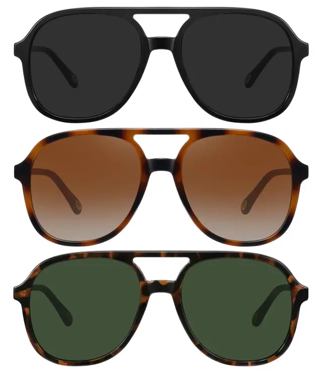 Three oversized aviator-style frames in black, brown and green lens finishes