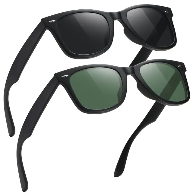 Two classic black-frame sunglasses with dark and green lenses