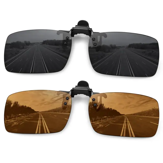 Two clip-on sun lenses with black clips in dark and brown finishes