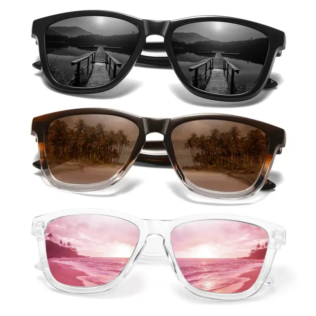 Retro square sunglasses shown in black, tortoiseshell and clear pink finishes