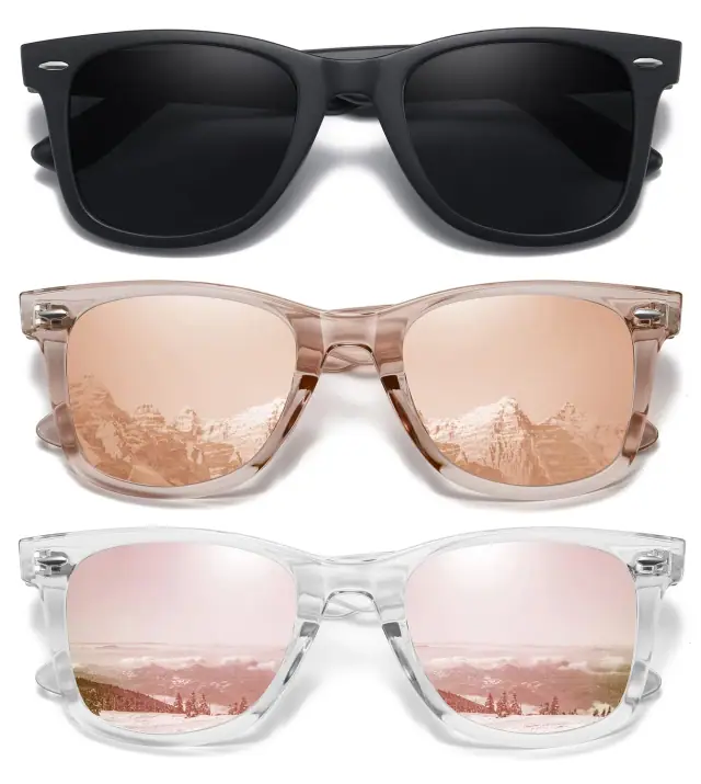 Three retro sunglasses in black, translucent pink and clear frame finishes